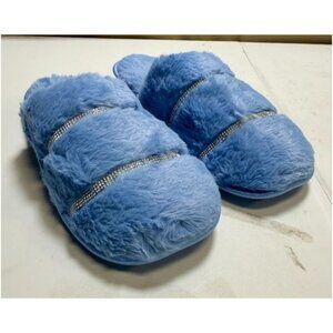 Rhinestone Faux Fur Slippers Blue Plush Indoor Shoes Size XL 11-12